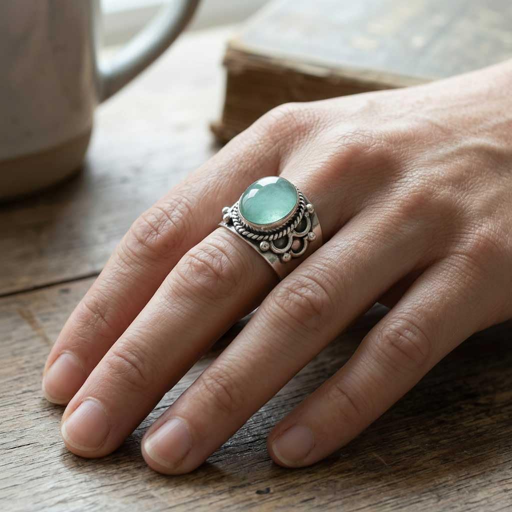 JEWELOPORIUM Natural Gemstone Ring For Women Turquoise, Carnelian, Amethyst, Rose Quartz Oval Boho 925 Sterling Silver Overlay Handmade Jewelry