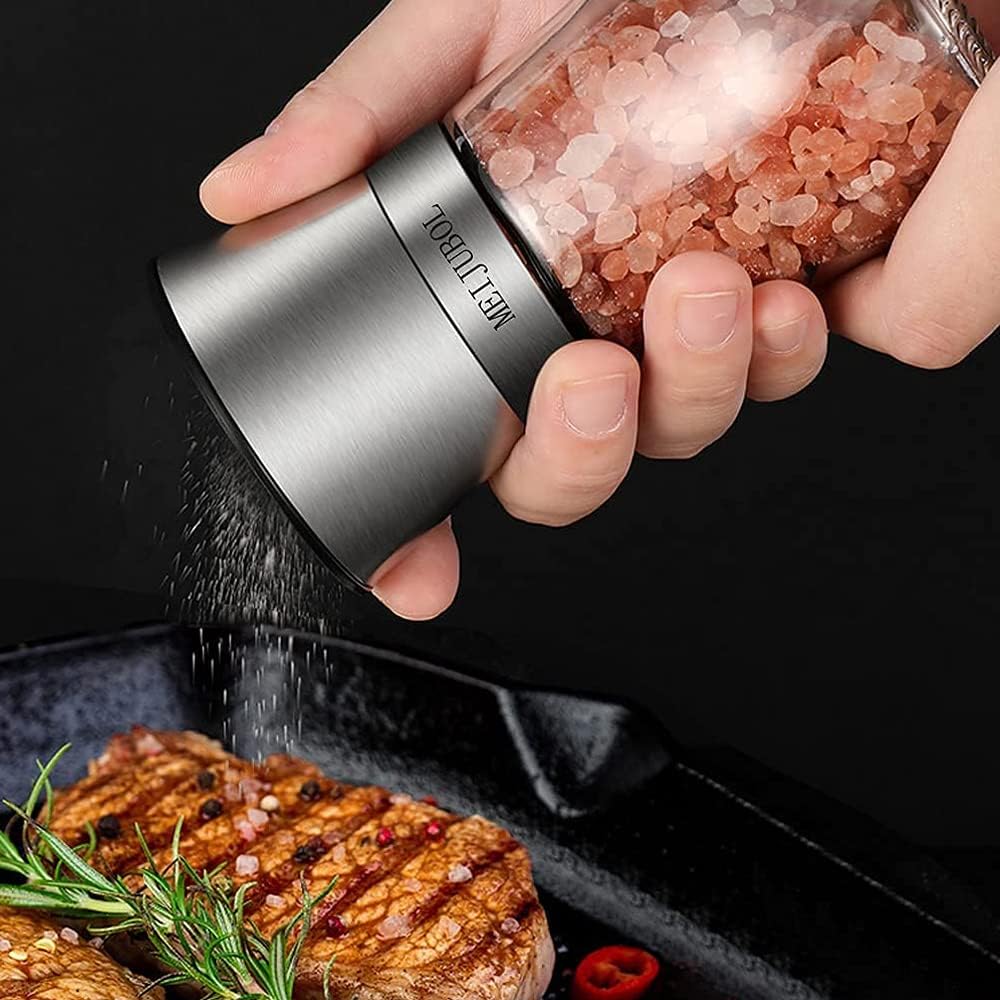MEIJUBOL Pepper Grinder Salt Shaker Cruets (5.5" x 2.5") Spice Bottle with Stainless Steel Rotor and Ceramic Mill to Adjust Coarseness