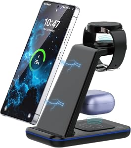 3 in 1 Wireless Charging Station, Wireless Charging Stand for Samsung Watch and Cellphone, Induction Charger for Samsung S25 Ultra, Watch Ultra/7/6/5, Wireless Charger for Galaxy Buds (NO Adapter)