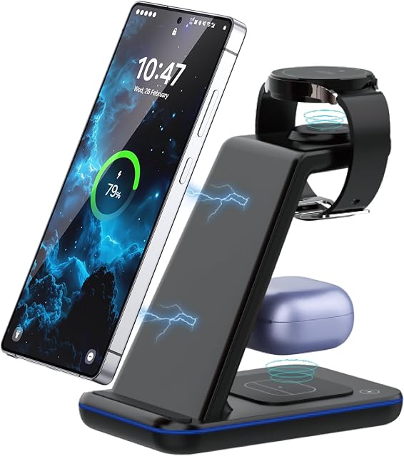 3 in 1 Wireless Charging Station, Wireless Charging Stand for Samsung Watch and Cellphone, Induction Charger for Samsung S25 Ultra, Watch Ultra/7/6/5, Wireless Charger for Galaxy Buds (NO Adapter)