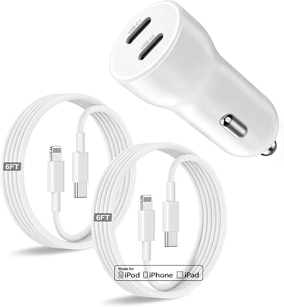 iPhone 14 13 Car Charger, [Apple MFi Certified] 45W Dual Port USB C Rapid Apple Car Adapter with 6ft Type C to Lightning Cable Fast Charging for iPhone 14 Pro/14 Pro Max/14 Plus/13/12/11/X/XS/SE,iPad