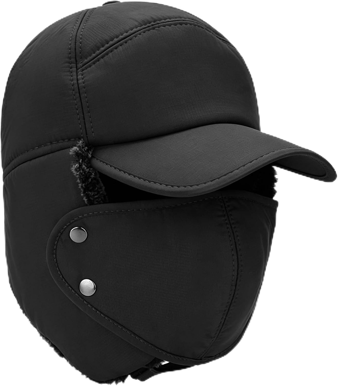 Trapper Hat for Men Women, Windproof Ushanka Winter Warm Hat with Detachable Face Cover and Ear Flaps, Fleece Lined Cold Weather Hunting Gear for Outdoor Skiing Cycling Black