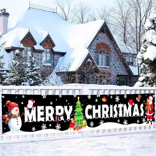 Large Christmas Banner Decorations Outdoor 120x20 Inch, Snowman Santa Claus Christmas tree Decorations Merry Christmas Yard Banner for Indoor Home House Party Supplies, Yard Sign Background Photography