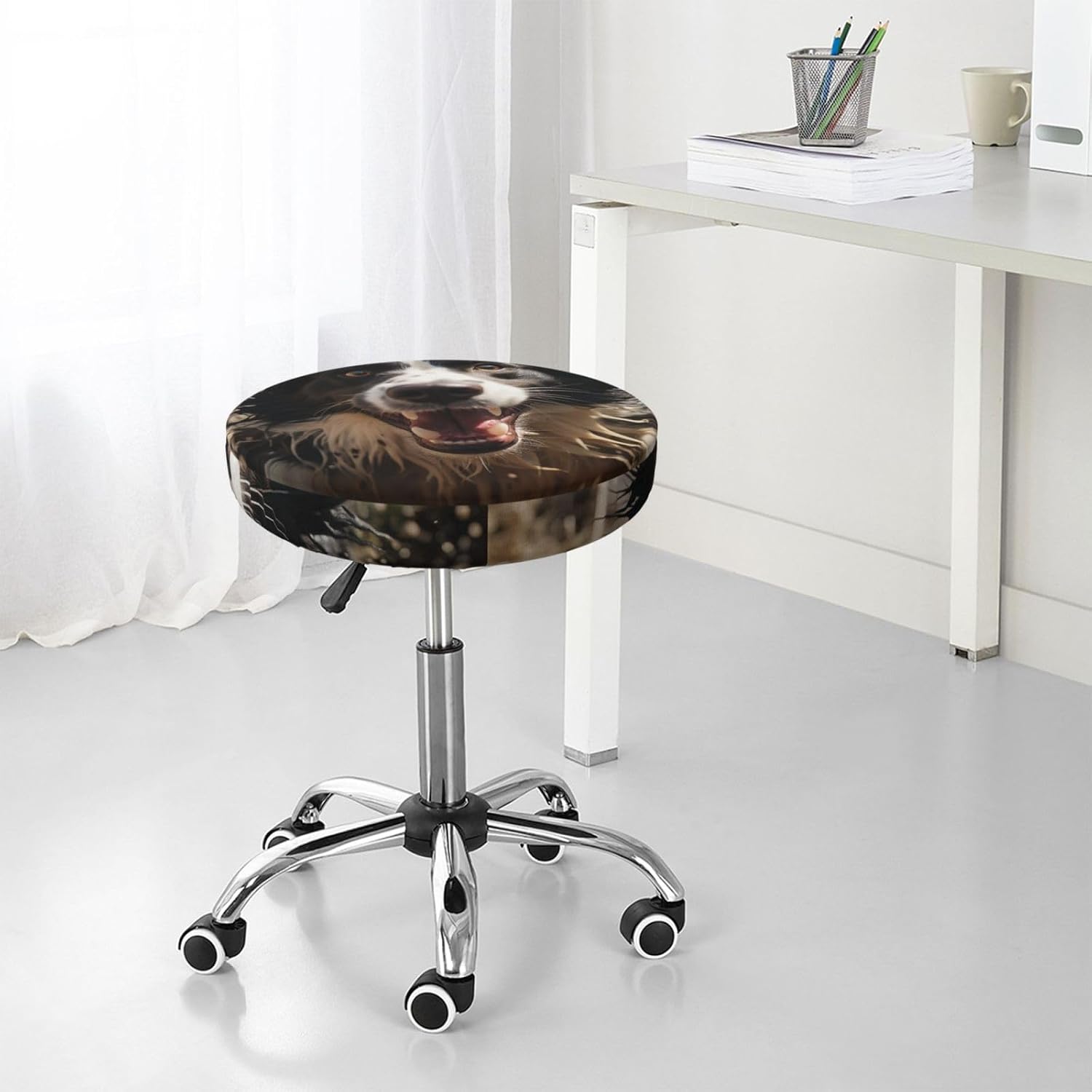 Bar Stool Cover Round Elastic Stool Cushion Covers Pastor Border Collie Bar Chair Cover Washable Stool Cushion Slipcover Stretch Stool Seat Covers for 12-14 Inch Chair
