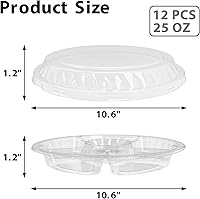 Vista 2 de 12 bandejas desechables para frutas, bandeja redonda de plástico para servir aperitivos con tapa, 6 compartimentos, recipientes divididos