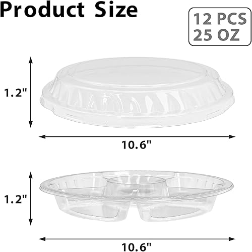 Miniatura 2 de Apatal 12 bandejas desechables para frutas, bandeja redonda de plástico para servir aperitivos con tapa, 6 compartimentos, recipientes divididos de