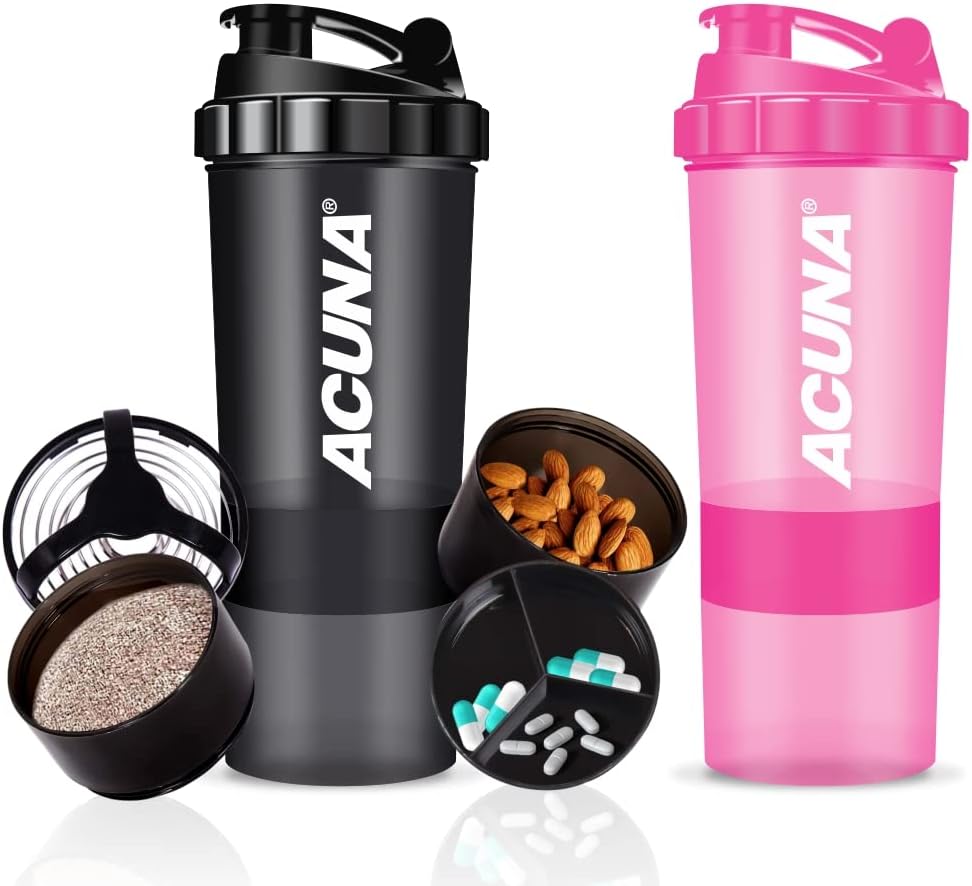 ACUNA Protein Shaker Bottle 600ml (PACK OF 2), 3 Layer Supplement & Pills Storage Cup- Secure Leakproof Protein Shake Mixer Bottle- Gym Supplement Shaker Bottle (Black - Pink)
