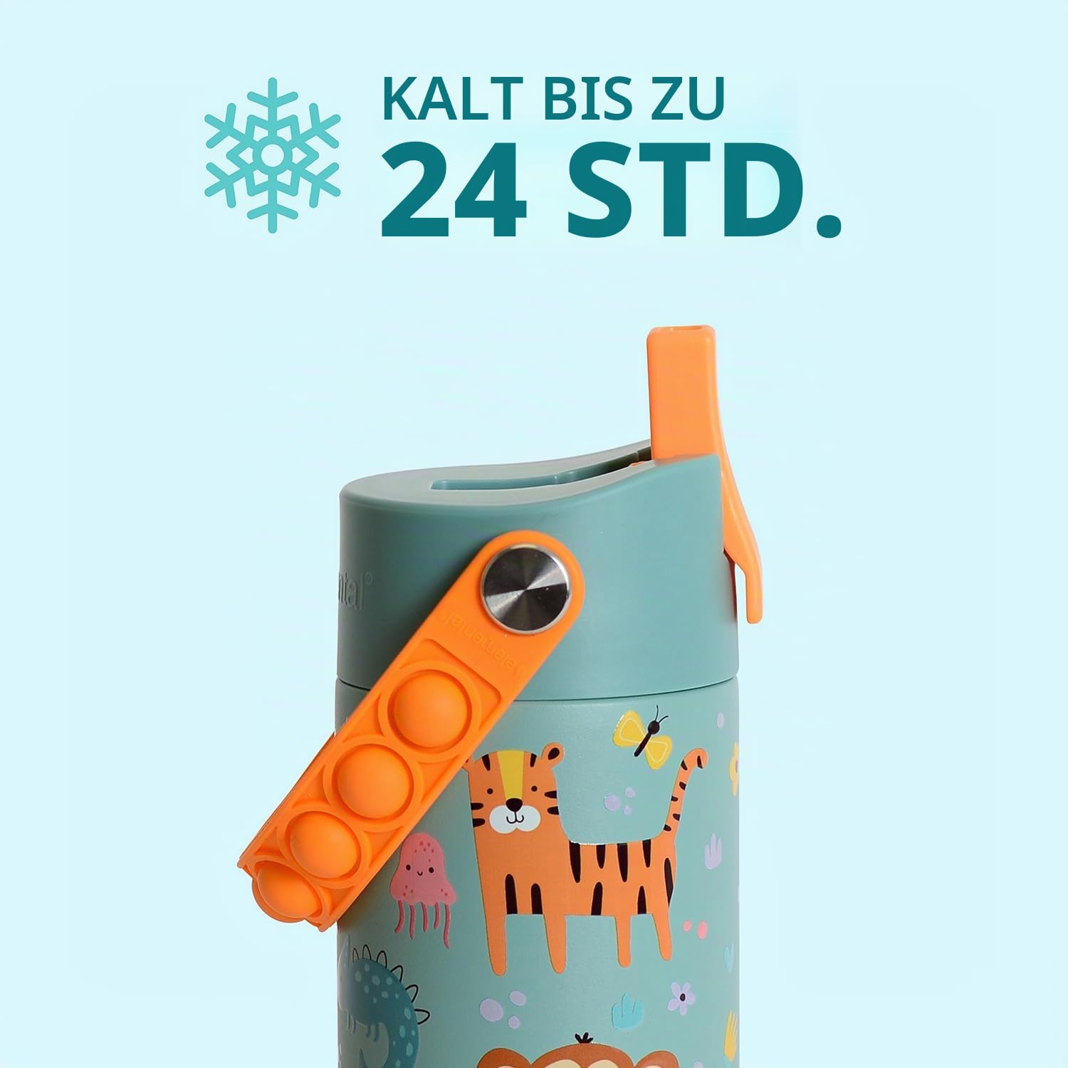 Elemental Isolierte Kinder Wasserflasche - Edelstahl Wasserflasche mit Strohhalm Deckel und Pop-it-Griff, auslaufsichere Wasserflaschen für Schule, Reisen und Sport - 530 ml - Safari