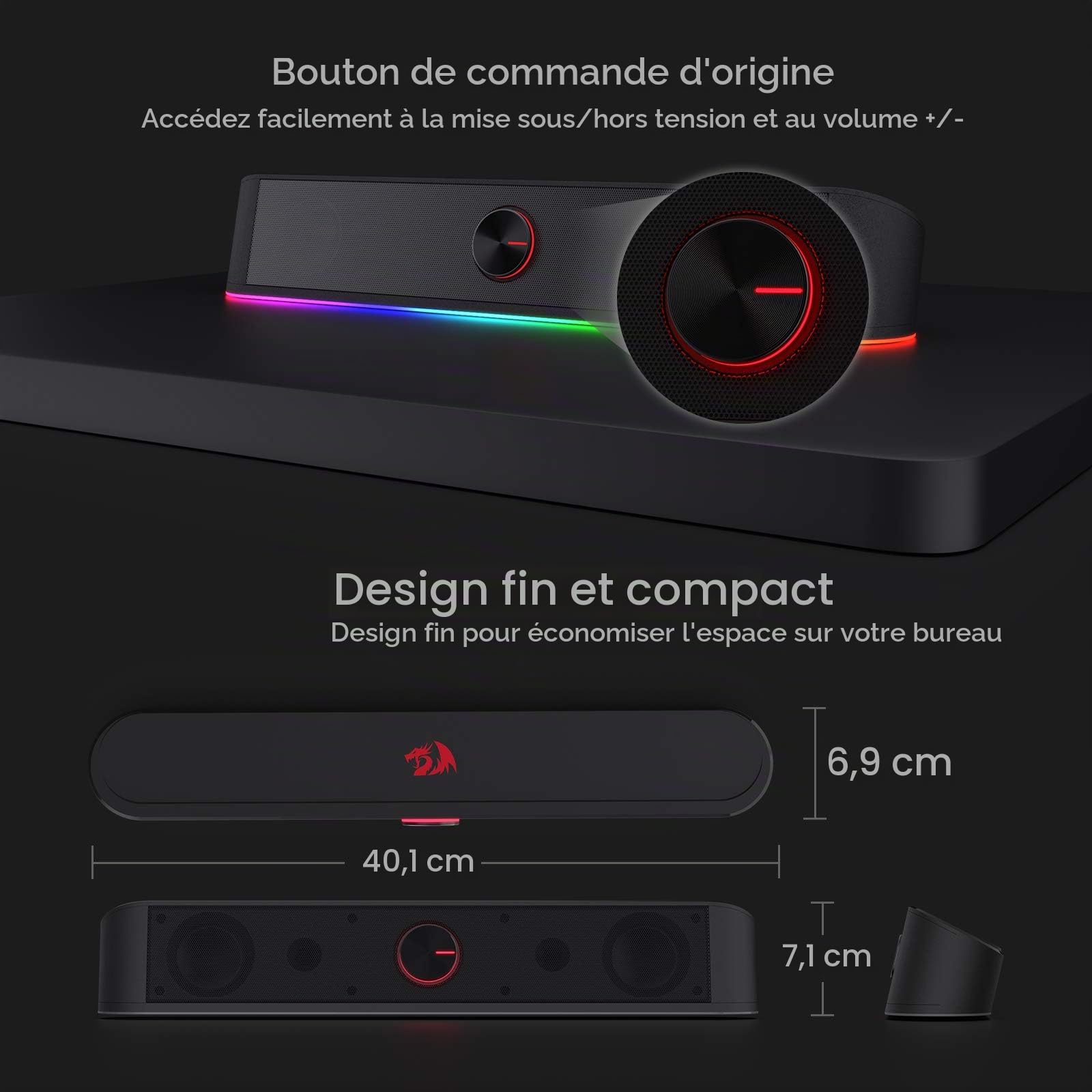 Redragon GS560 RGB Soundbar PC 2.0 Contrôle Tactile | soundbar PC RGB 2.0 canaux barre éclairage dynamique synchronisation audio lumière contrôle tactile