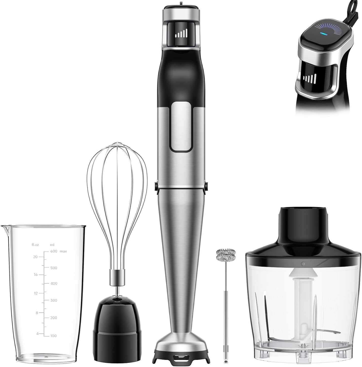 BESROY Stabmixer Set 5 in 1, 1100W Pürierstab Elektrisch, Stufenlose Geschwindigkeit, Edelstahl Hand Blender inkl. Häcksler, Schneebesen, Milchaufschäumer & Messbecher, Ideal für Suppen, Smoothies