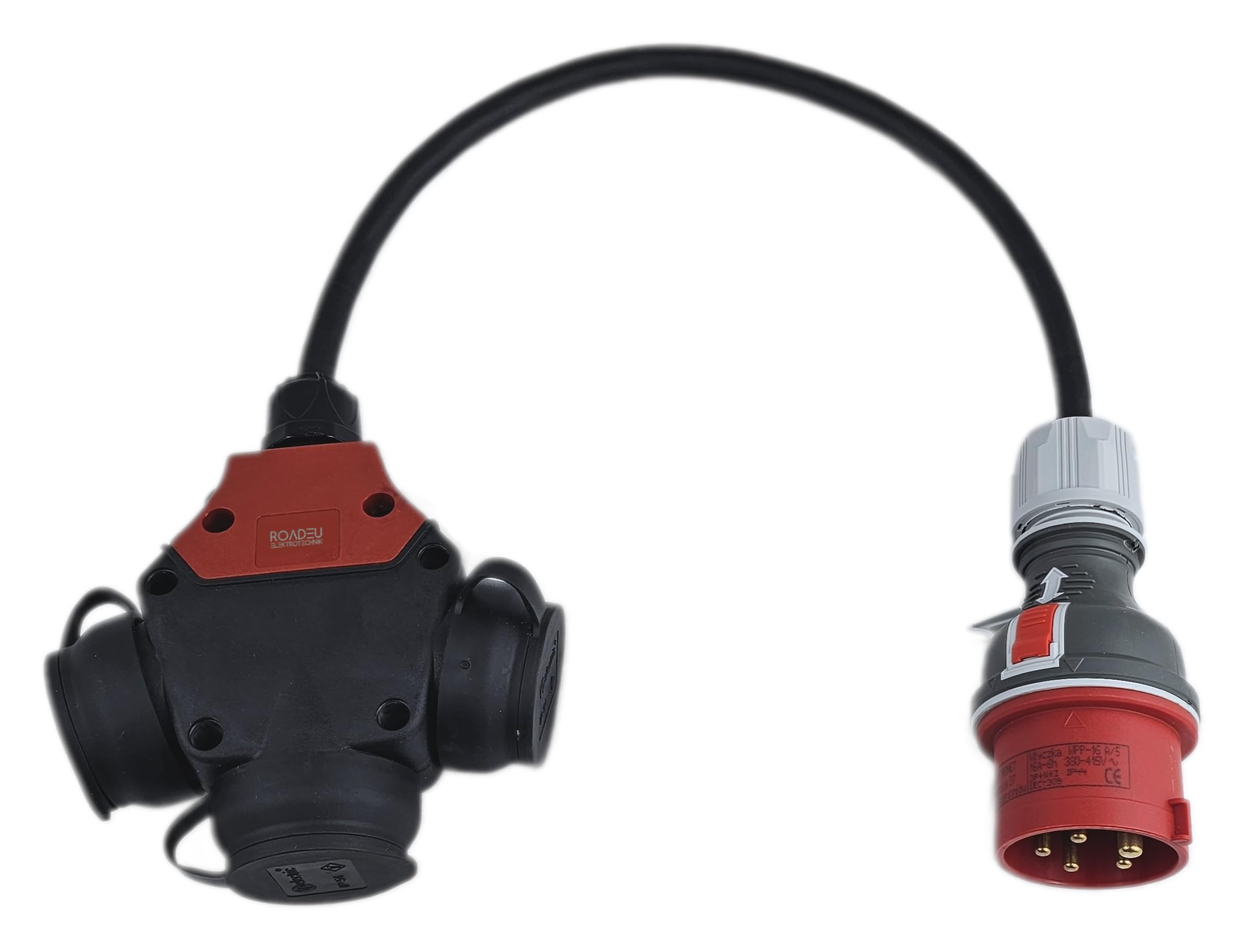 RoadEu Adapter przemysłowy przedłużający 0,5 m, adapter CEE 16A 380V do 220V z 3 gniazdami 230 V, przewód gumowy 5 x 2,5 mm², idealny do garażu, szopy lub fabryki