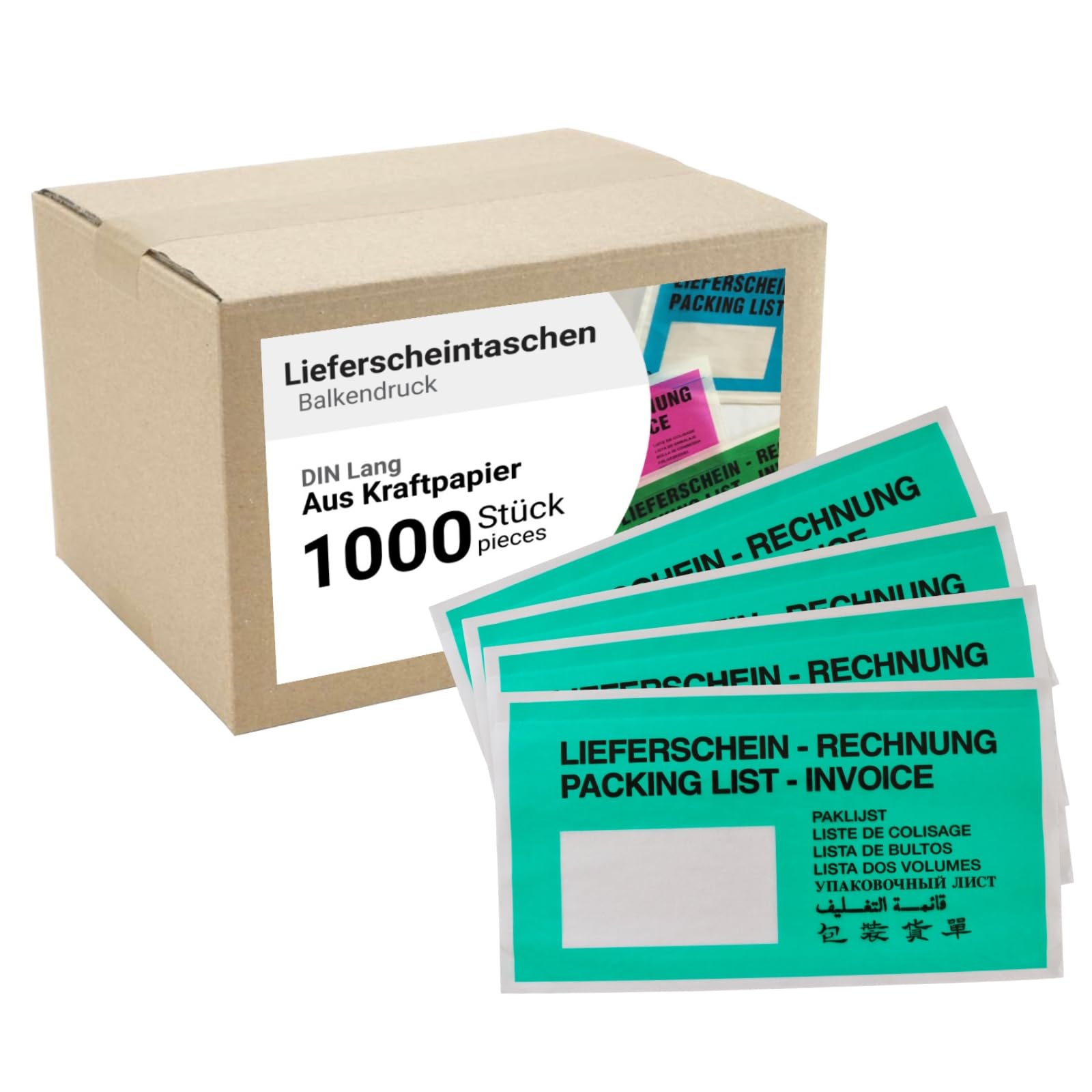dm-folien Lieferscheintaschen DIN LANG I 1000 Stück I Selbstklebende Versandtaschen mit Aufdruck I Grünes Paketzubehör für Lieferscheine & Rechnungen I Versandzubehör aus Kraft-Papier