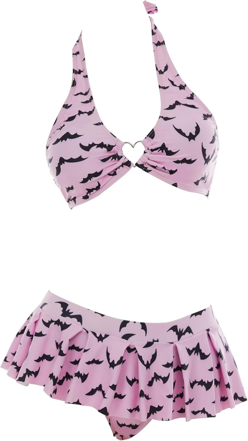 MEOWCOS Women's Bikini Sets Goth Bathing Suit Two-Piece Swimsuit with Gothic Bat Print Pink