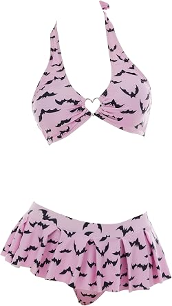 MEOWCOS Womens Bikini Sets Goth Bathing Suit Two-Piece Swimsuit with Gothic Bat Print Pink
