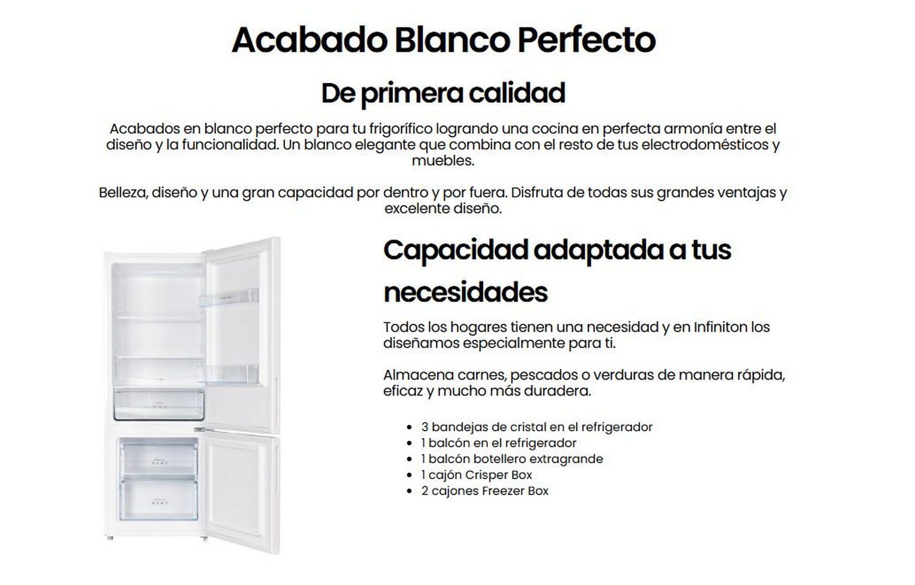 INFINITON Frigorifico Combi FGC-210C14BEZ, 205 Litros, 144 cm de Altura, Fast Freezing, LED Interior, Tirador integrado, E, Blanco