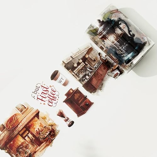 WT Cinta de PET ancha de lona de cafeína, rollo individual, diseños originales, cinta transparente decorativa de acuarela vintage, cuaderno de
