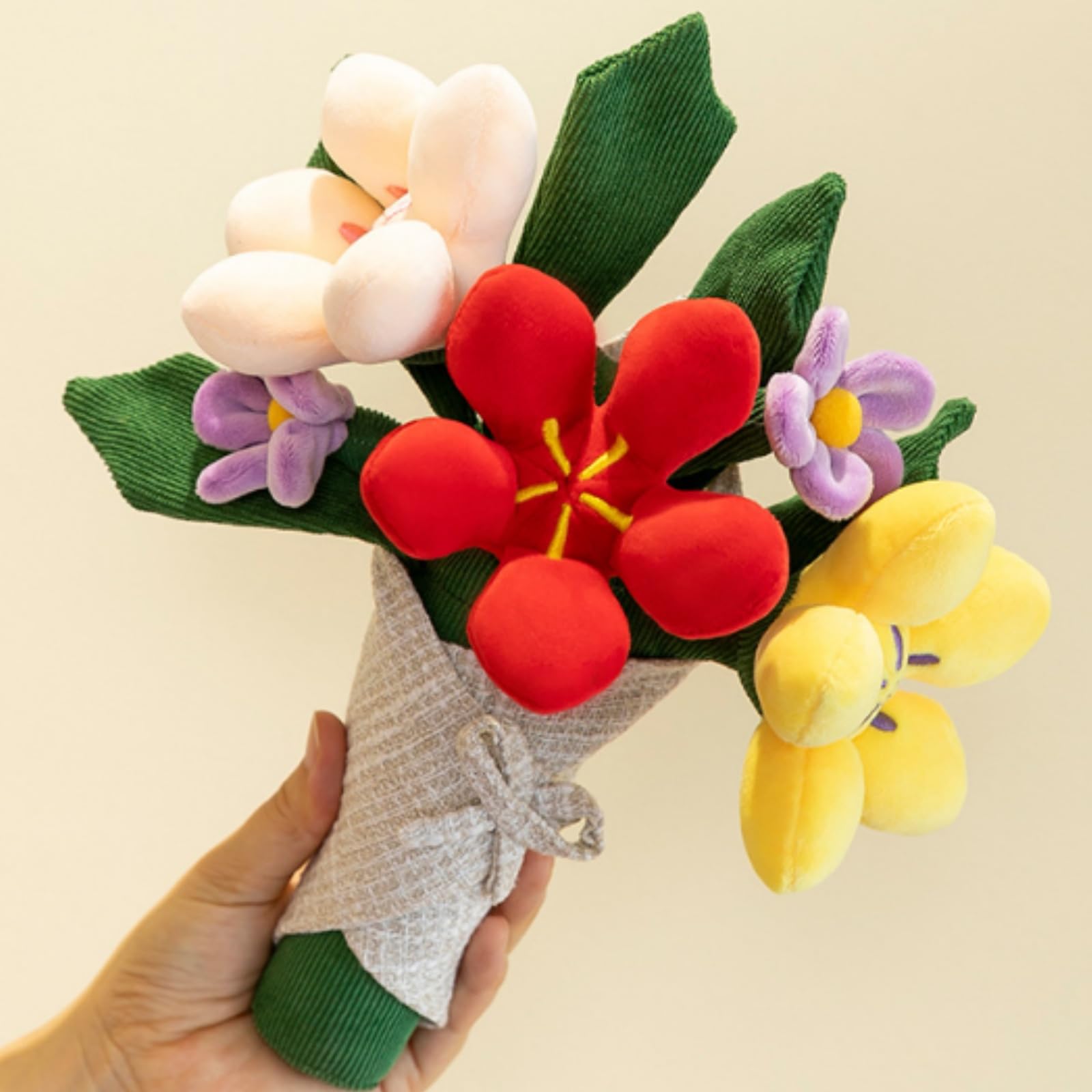 Tikwisdom Cute Flower Bouquet Plush Toy, 28 cm Soft Stuffed Handheld Plushie with Multicolor Blossoms, Fabric Floral Plush Decoration for Table Display, Bedroom, or Props Use, (red)