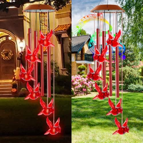 Red Cardinal Bird Solar Wind Chimes with 4 Music Metal Tubes, Red Bird Wind Chimes for Outside, Gifts for Mom Grandma Wife, Waterproof LED Memorial Red Bird Wind Lights for Garden Patio Decor