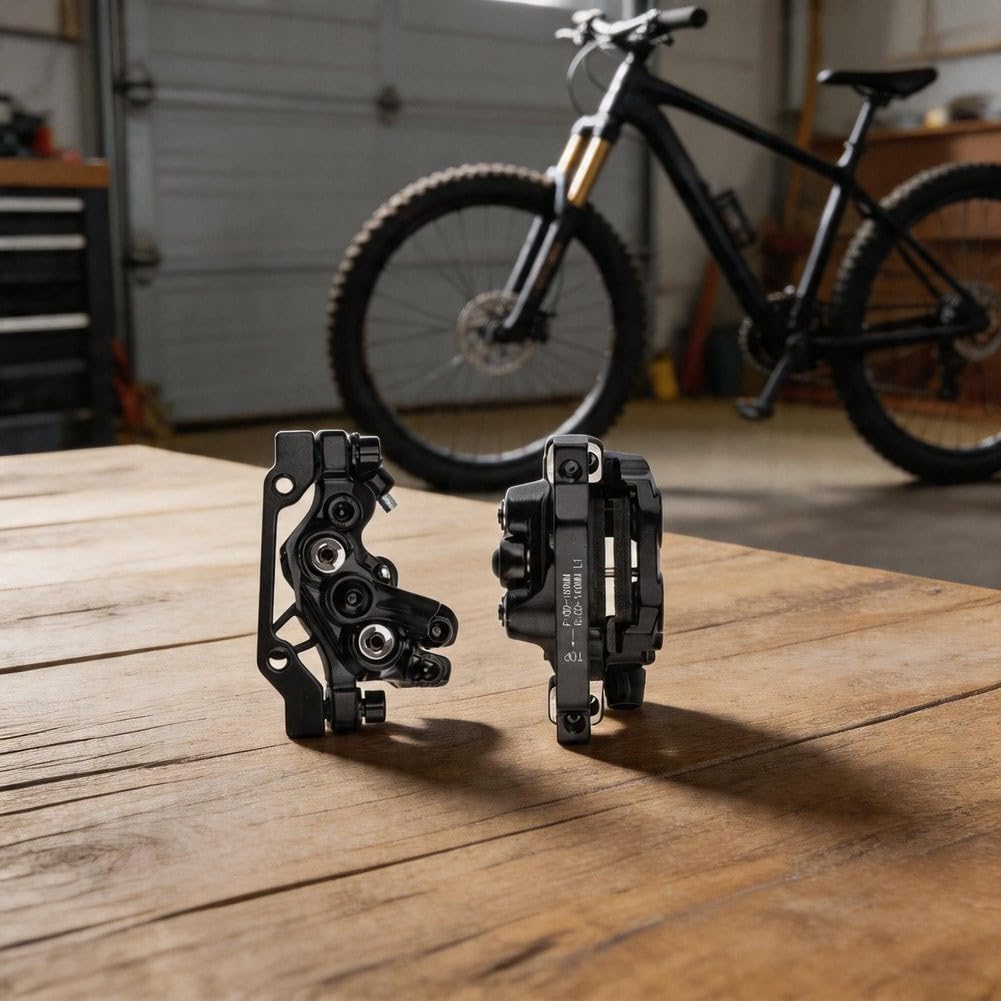 Pinza de freno mecánica de cuatro pistones para bicicleta de montaña con accionamiento de doble cara y montaje estándar de 6 pernos para sistemas de 160 mm (solo delantera)