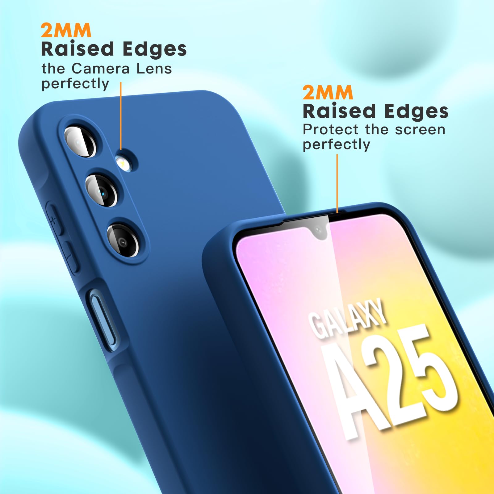Vansdon Cover Compatibile con Samsung Galaxy A25 5G, 2 Pellicola Protettiva in Vetro Temperato, Gomma Gel di Silicone Liquida Antiurto Custodia - Blu