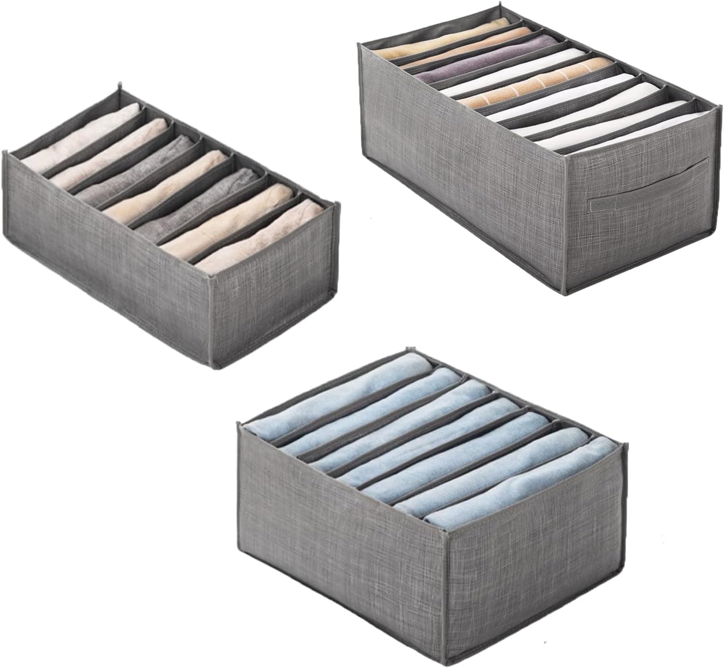 MEOMART 3-Pack Clothes Organizer for Jeans, Wardrobe Drawer Organizers and storage Cloth organizers with handles for Jeans, t-shirt, Panties, Leggings, Underwear, Kids clothing (Grey)