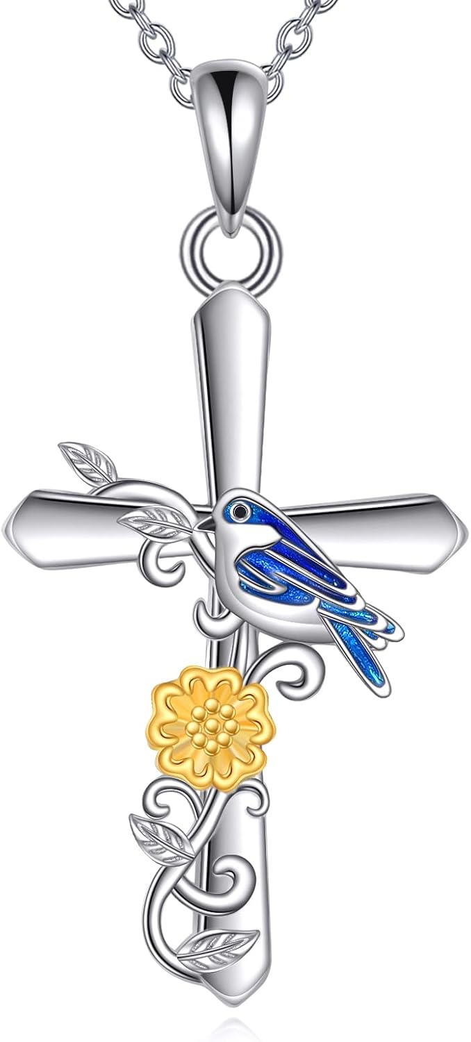 Hummingbird/Butterfly/Blue Jay Necklace Sterling Silver Cross Pendant Bird Insect Jewelry Gifts for Women