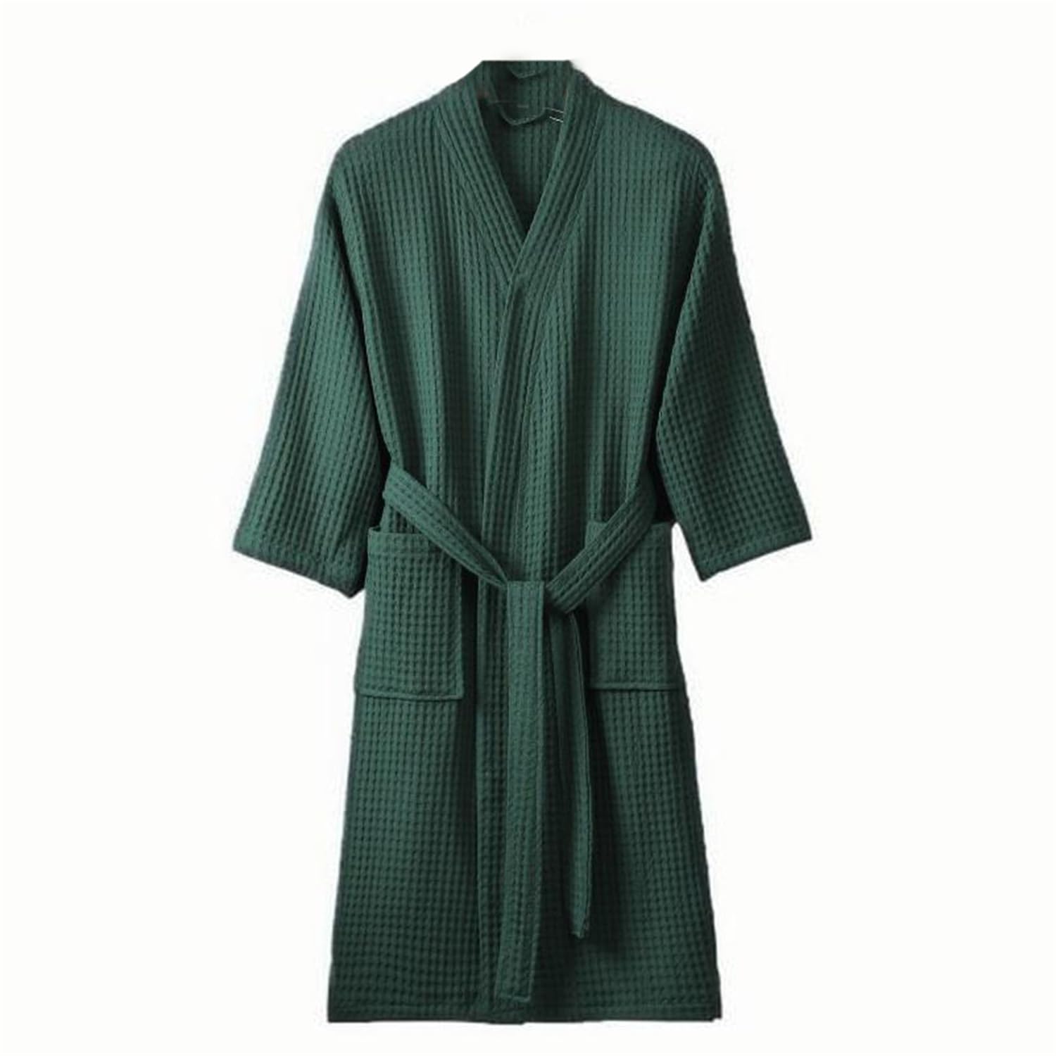Waffle Bathrobe for Men Women, 100% Cotton Kimono Robes with Pockets & Belt, Soft Absorbent Knee-Length Robe for Bath Spa
