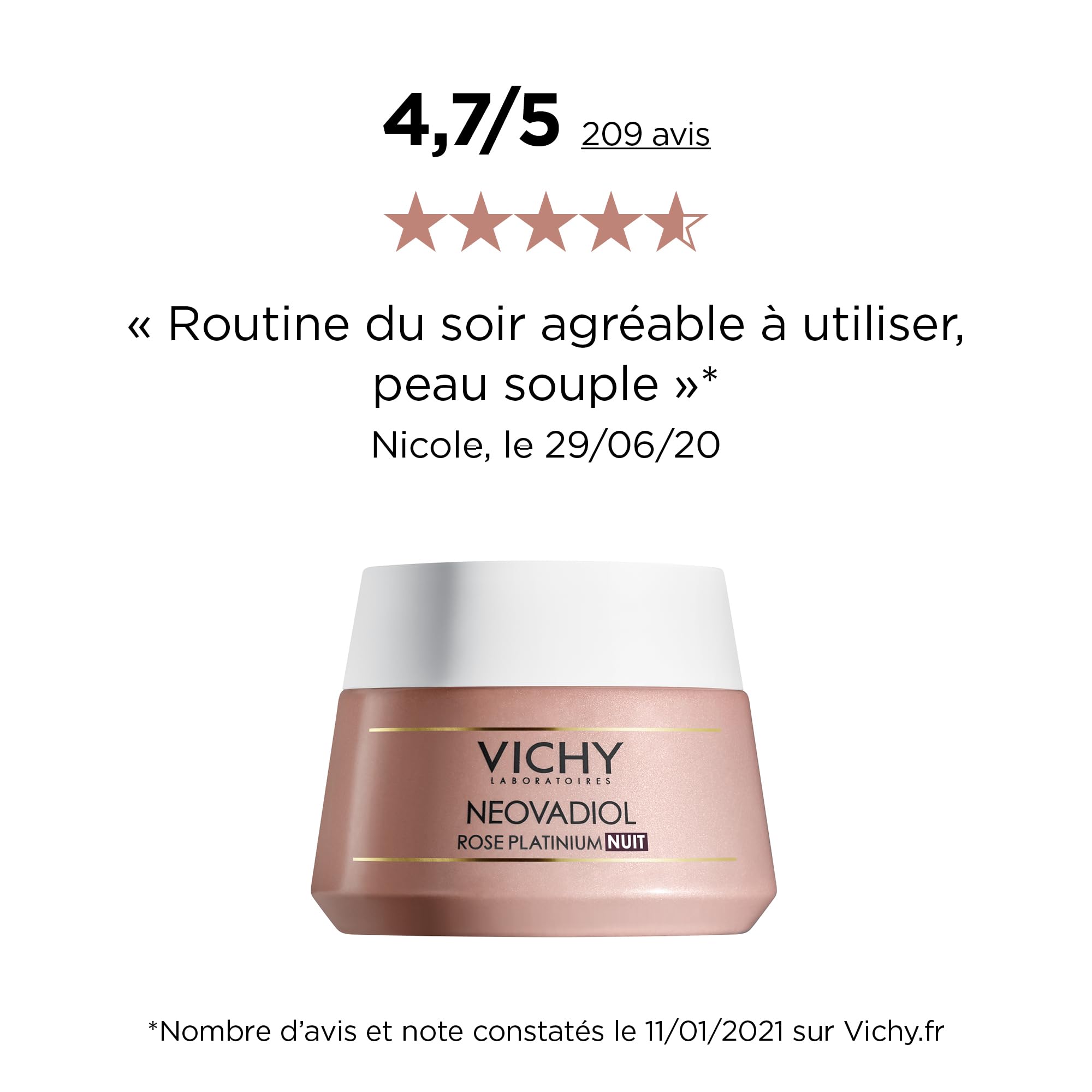 Vichy - Neovadiol - Crème de Nuit Anti-âge Rose Platinium - Enrichie en Calcium et Sucres Végéteaux - Crème Hydratante qui Redonne Éclat, Fermeté et Confort - Soin Visage Pour Peaux Matures