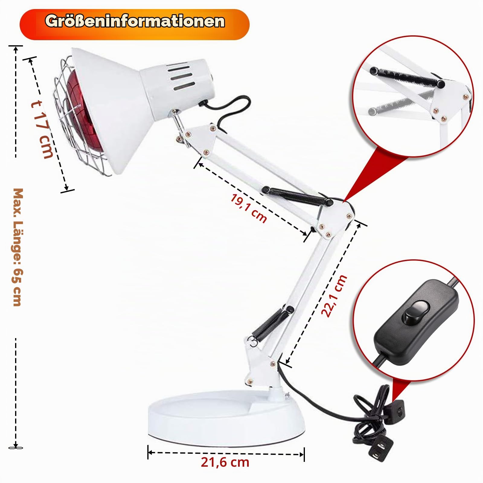 Infrarotlampe,100 W rotlichtlampe wärmelampe, 600nm-1400nm Physiotherapie lampe wärmelampe, Haushalts-Infrarotlampe,rotlichtlampe therapie einstellbar,Weiß
