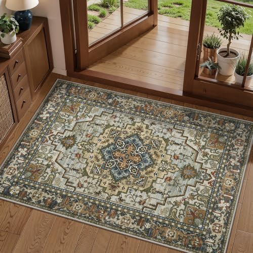 Image of Tangsoo Vintage 2x3 Washable Rugs for Entryway, Non Slip Small Area Rug Farmhouse Indoor Front Door Rug, Oriental Print Door Mat Small Carpet, Soft Low Pile Rugs for Entry Entrance Kitchen Bedroom