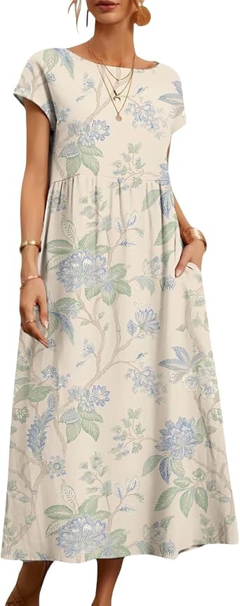 Dress for Women Casual Summer Midi Boho Floral Printed Dresses Short Sleeve Trendy Elegant Maxi Dress