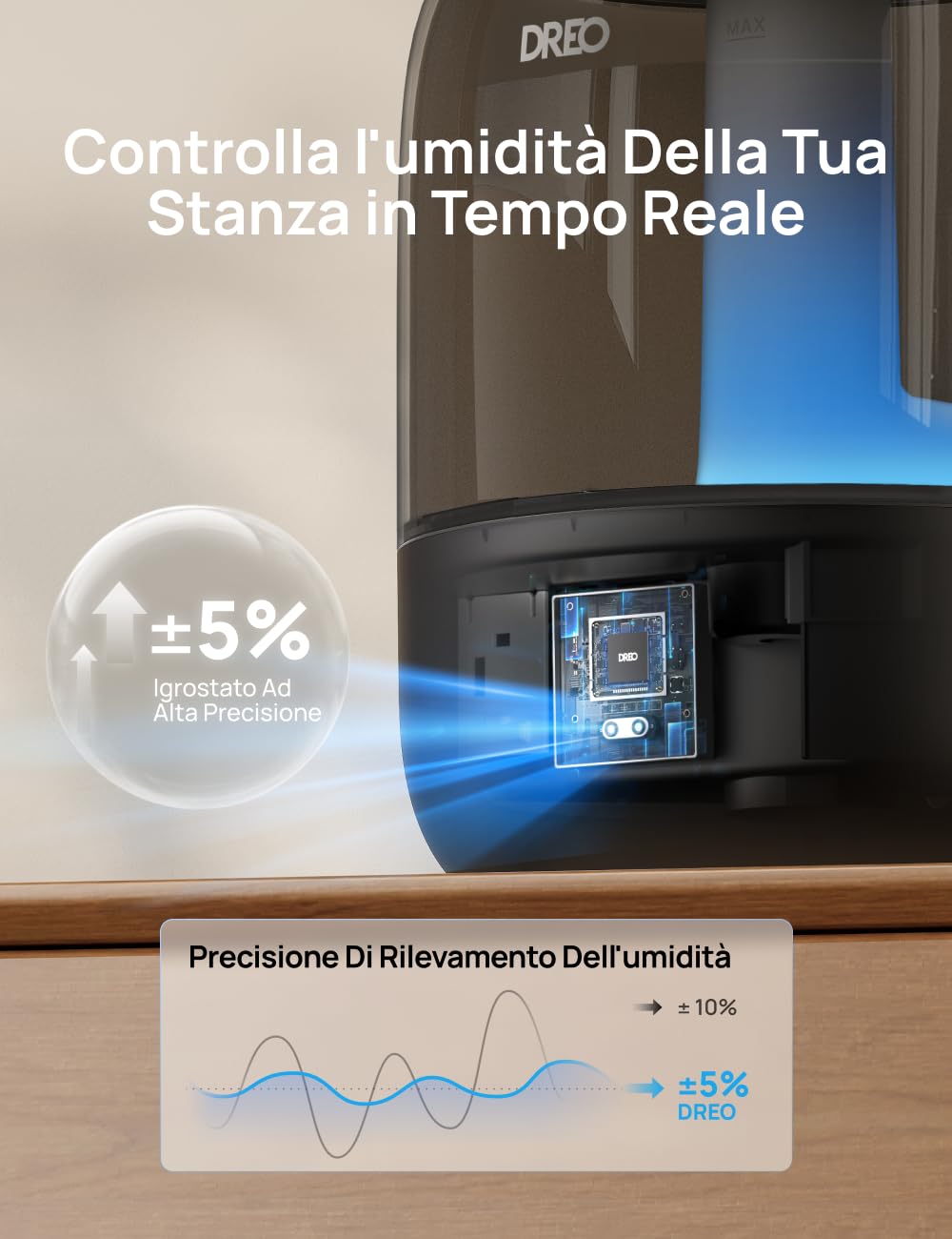 Dreo 3L Umidificatore Ambiente Bambini Silenzioso 26dB, Ultrasuoni Nebbia Fresca, Ugello 360°, 30h Autonomia, Diffusore Oli Essenziali, Luce Ambientale, per Casa e Piante, Nero