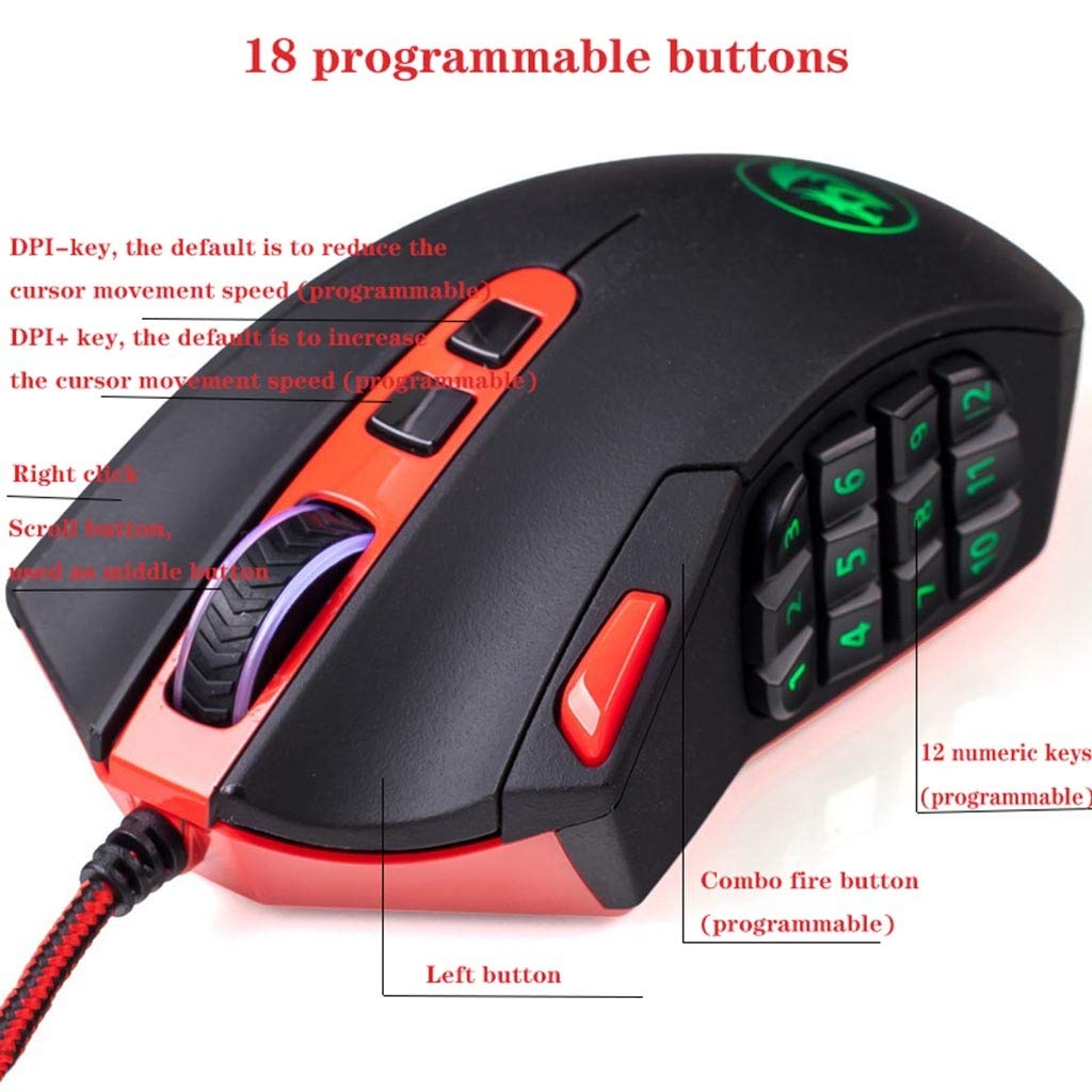 RajoNN Ratones Ratón para Juegos con Cable, 24000 dpi, Ratones con retroiluminación LED MMO RGB con 18 Botones programables, Ajuste de Peso, para Juegos de PC con Windows (Color: Blanco)