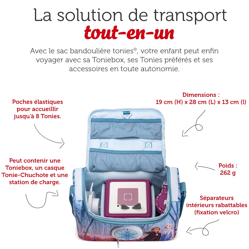 tonies Sac Bandoulière - La Reine des Neiges Sac de Transport pour Ranger la Toniebox, Le Casque Audio Chuchote, la Station de Recharge, et Jusqu’à 8 Figurines
