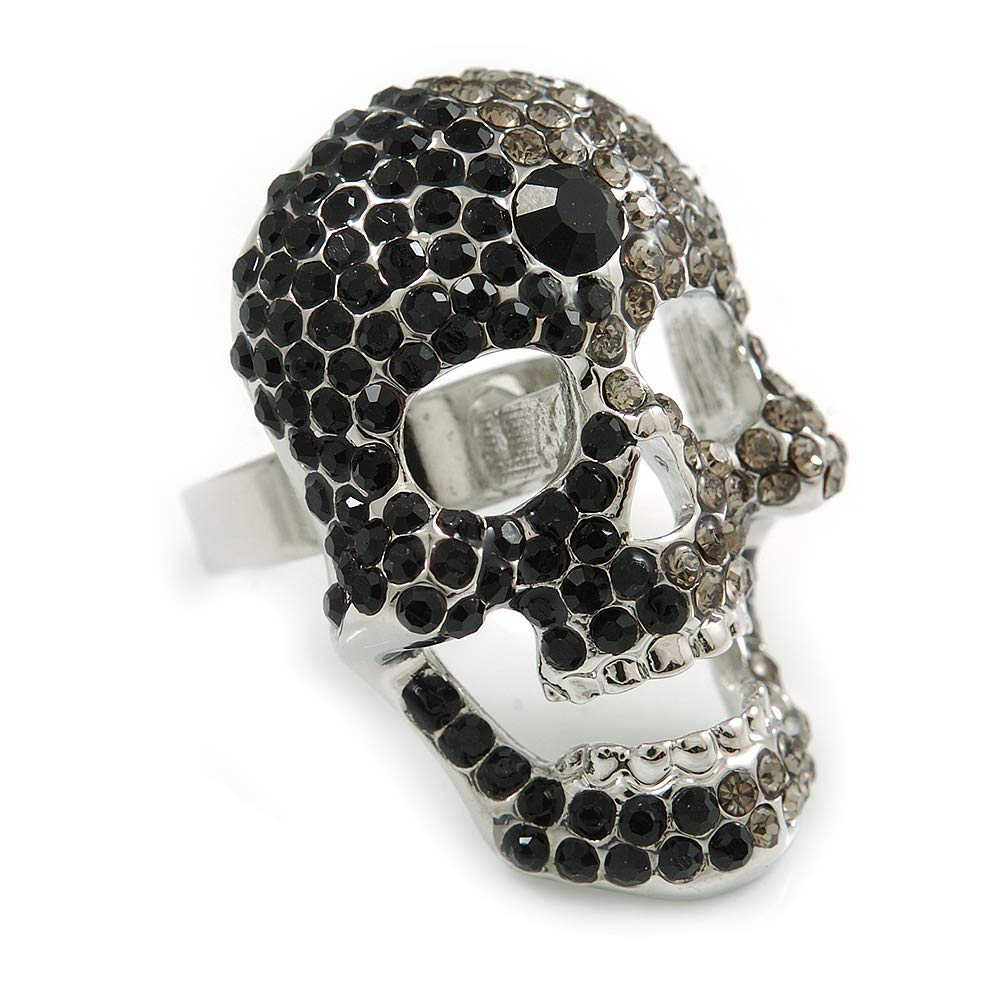 Bague de cocktail tête de mort cristal noir gris réglable 7 8