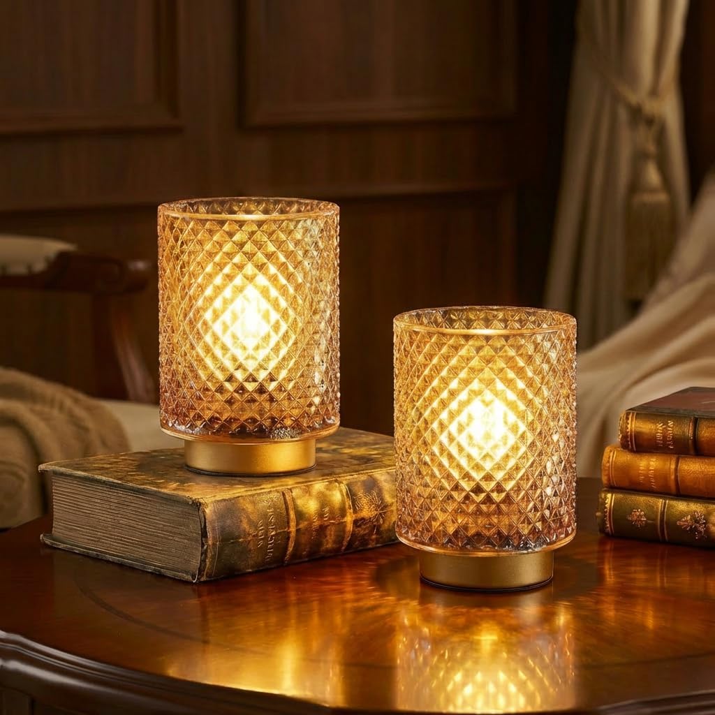 2 Pack Battery Decorative Operated Lamp,Small Accent Table Lamp with Timer for Bedside/Nightstand,Cordless Warm Ambiance Lamp with Warm White Bulb for Bookshelf/Entryway/Centerpiece Decor(Amber)