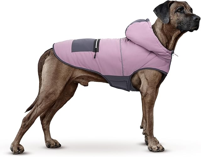 Dog Coat with Hood, Winter Warm Jacket for Medium and Large Dogs, Windproof Dog Coat with Harness Hole & Fleece Lining - XL (L)