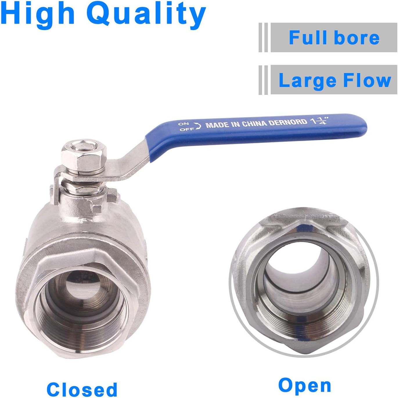 DERNORD Ball Valve Stainless Steel 304 1-1/4" NPT Heavy Duty for Water, Oil, and Gas with Blue Locking Handles (Pack of 2)