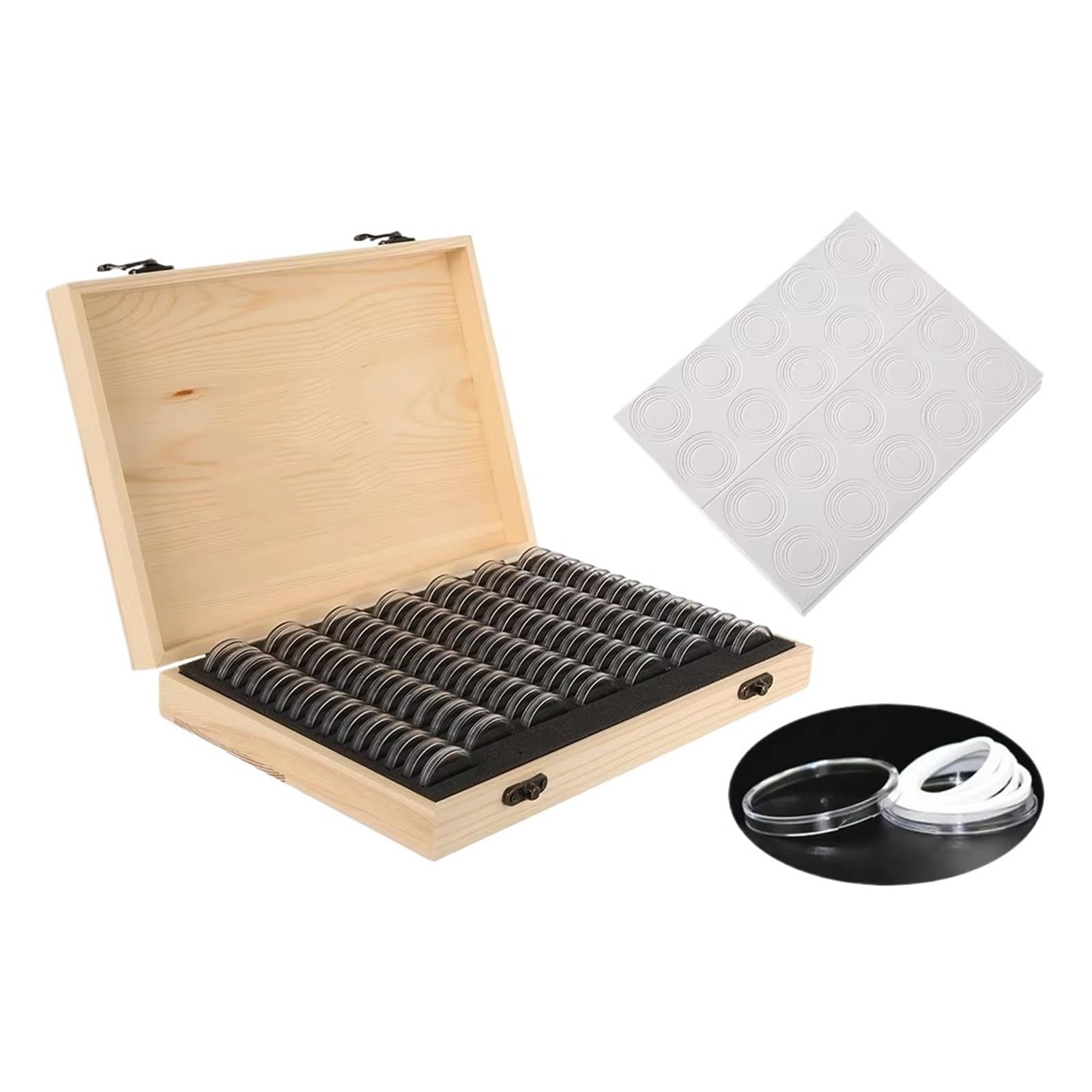 ZythrXLate Wooden Coin Collection Box 100Pcs Clear Coin Capsule Universal Storage Box with Adjustment Pad Adjustable Wooden Commemorative Medal Container for Coin Collectors(A)