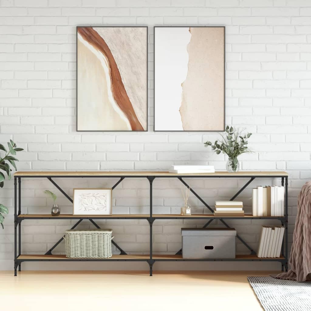 SXZenSpace Console Table Sonoma Oak 200x30x75 cm, Engineered Wood & Iron Frame, Double X-Crossbars, Adjustable Feet, Slim Hallway/Sofa/Bedroom