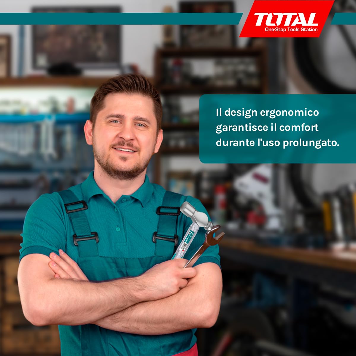 TOTAL - Martello a Sfera - Testa in Acciaio Forgiato - Manico Ergonomico in Fibra - Utensile Meccanico - Ideale per Colpi Precisi - 450 gr