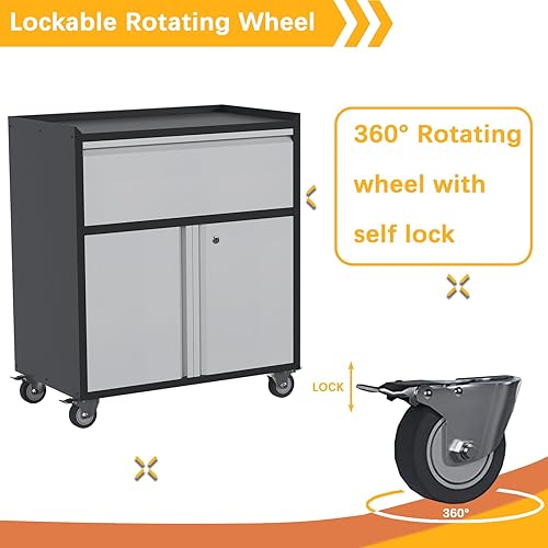 Miniatura 5 de Gabinete de almacenamiento de metal con ruedas, gabinetes de almacenamiento de herramientas rodantes de acero con 1 cajón y 2 puertas, gabinetes de