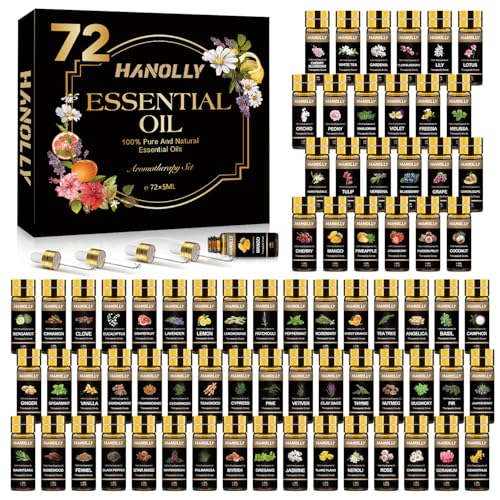 Essential Oils Set, 72 Pcs Pure Aromatherapy Essential Oil Kit, Natural Fragrance Oils for Diffuser, Humidifier, Massage, Skin & Hair Care, Soap, Candle Making, Gift Box for Men & Women(72 * 5ML)
