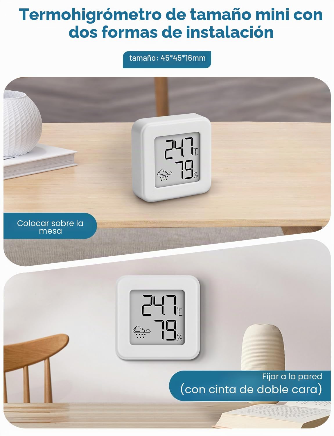 Mini Termómetro Higrometro Digital para Interior, Termohigrómetro monitor de temperatura ambiente y medidor de humedad, medidor de temperatura y humedad (Blanco-3 piezas)