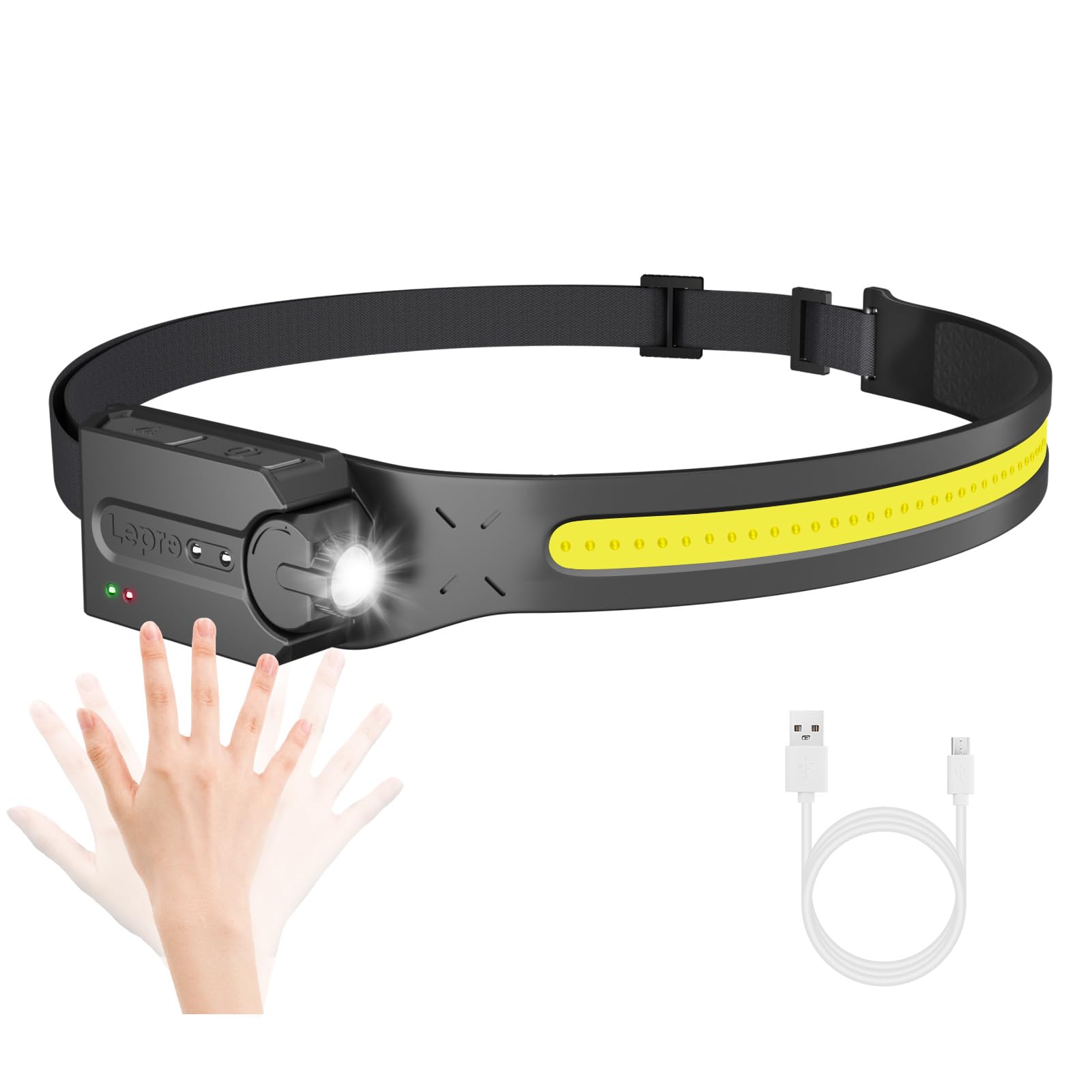 Lepro Torcia Frontale, Luce con Sensore di Movimento Super Luminoso, Fascio Largo 230°, Faretto Orientabile, 5 Modalità, Torcia Frontale Leggera Impermeabile per Campeggio, Corsa