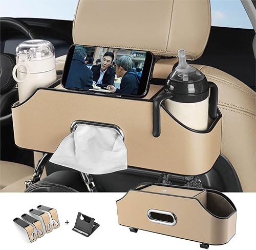 Miniatura 7 de Organizador de asiento trasero de automóvil con 2 portavasos para bebidas, soporte para pañuelos, ganchos para asiento de automóvil para