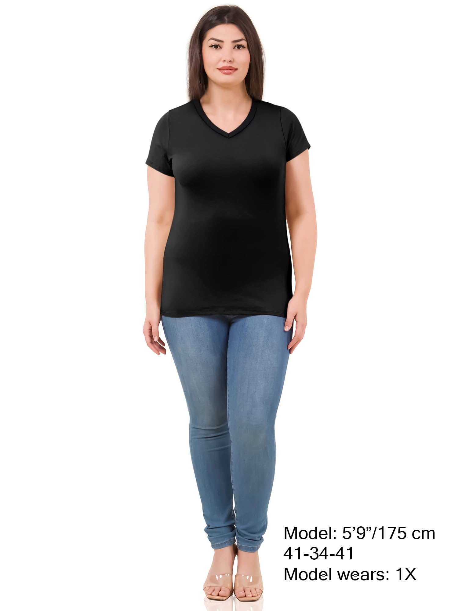 Camisetas de algodón con cuello en V para mujer, camiseta de manga corta, camisetas básicas con cuello en V, camisetas interiores para mujer, paquete múltiple, Paquete de 4 - 4 negro, 1X