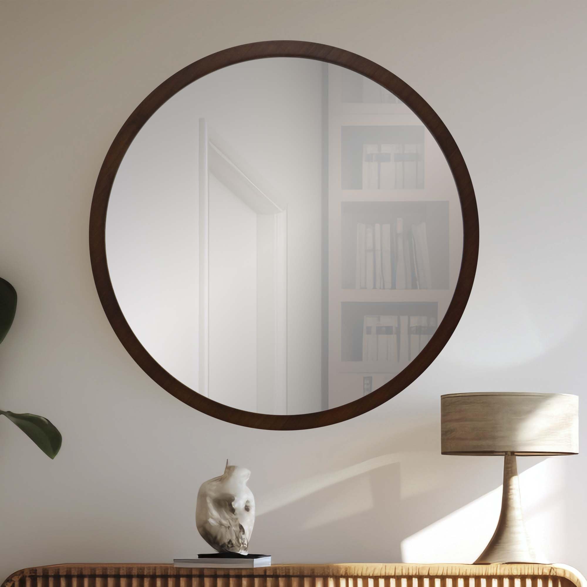 Espejo Redondo de Pared Color Nogal, Ancho 2,5 cm, 70 cm Exterior | Para Recibor, Salón y Baño