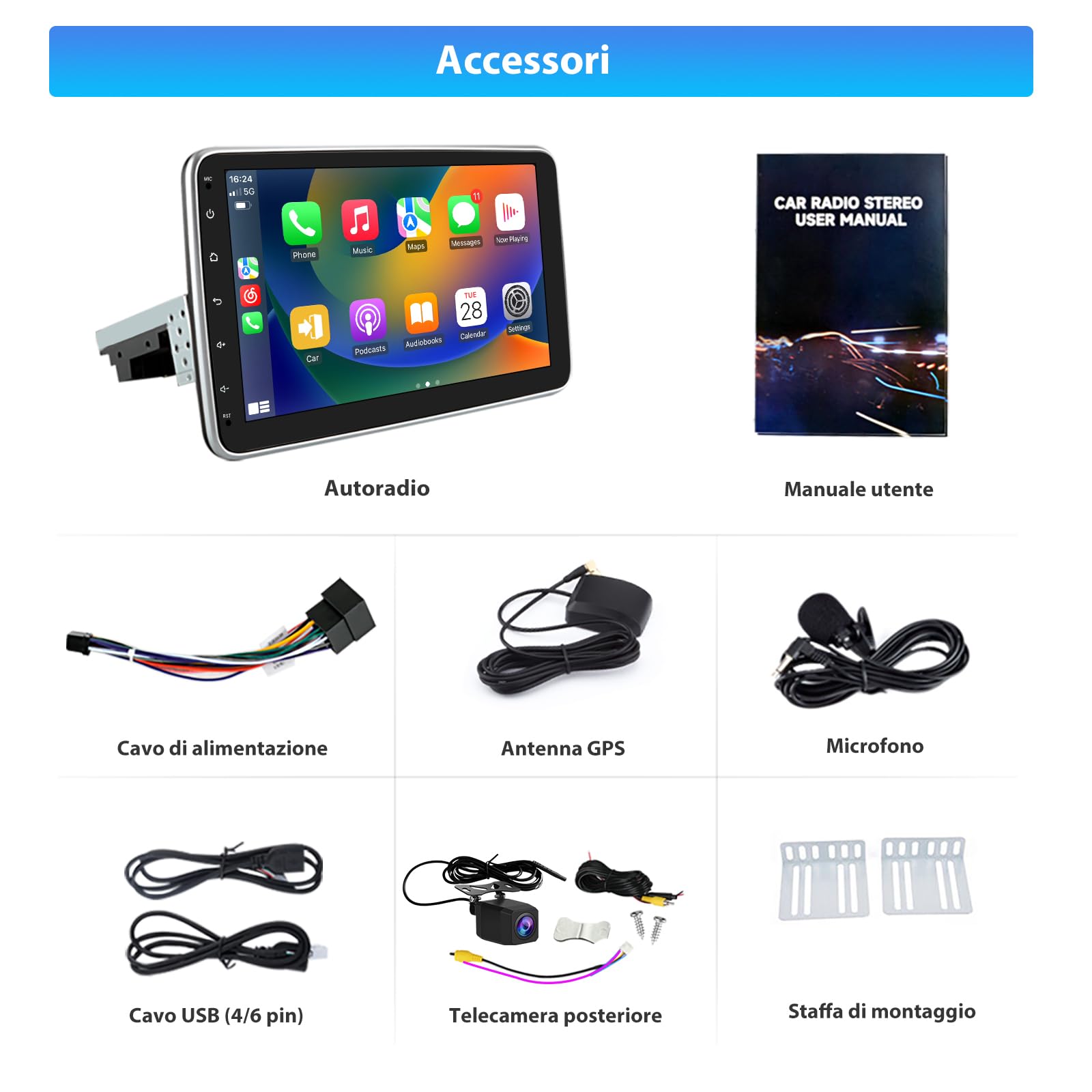 10.1 pollici Universale Autoradio 1 din Android 15 (2G+64G) Car Radio con CarPlay/Android Auto GPS Bluetooth WIFI FM RDS (Schermo ruotabile)