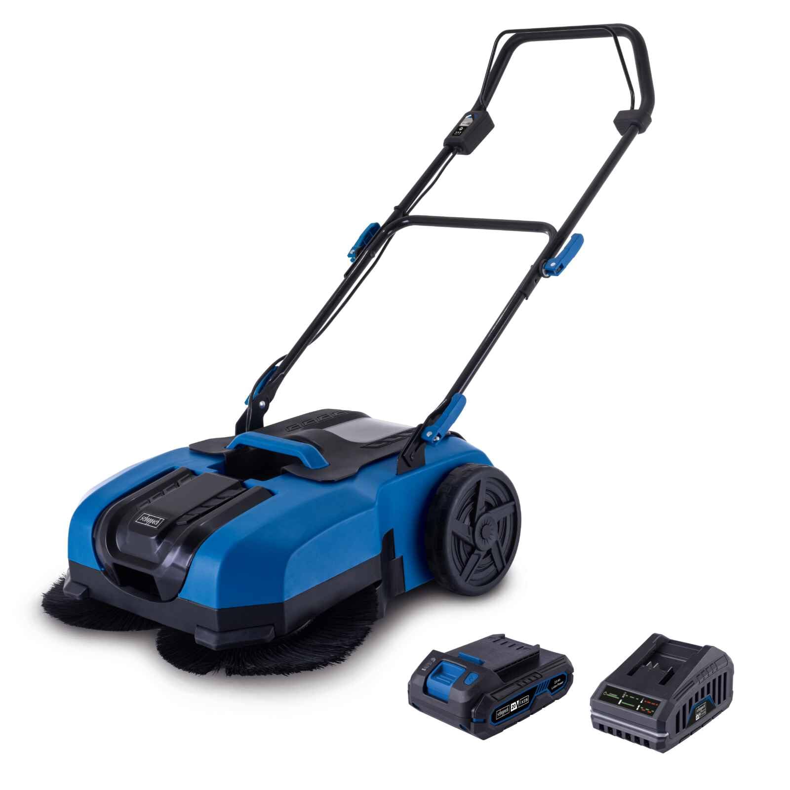 Scheppach Akku Kehrmaschine C-S610-X Kehrbesen mit 2Ah Akku & Ladegerät | 20V-IXES-Serie | 610mm Arbeitsbreite | max. Flächenleistung 2000 m² | 20L Kehrbehälter | Softprofil-Räder & 360°-Lenkrollen